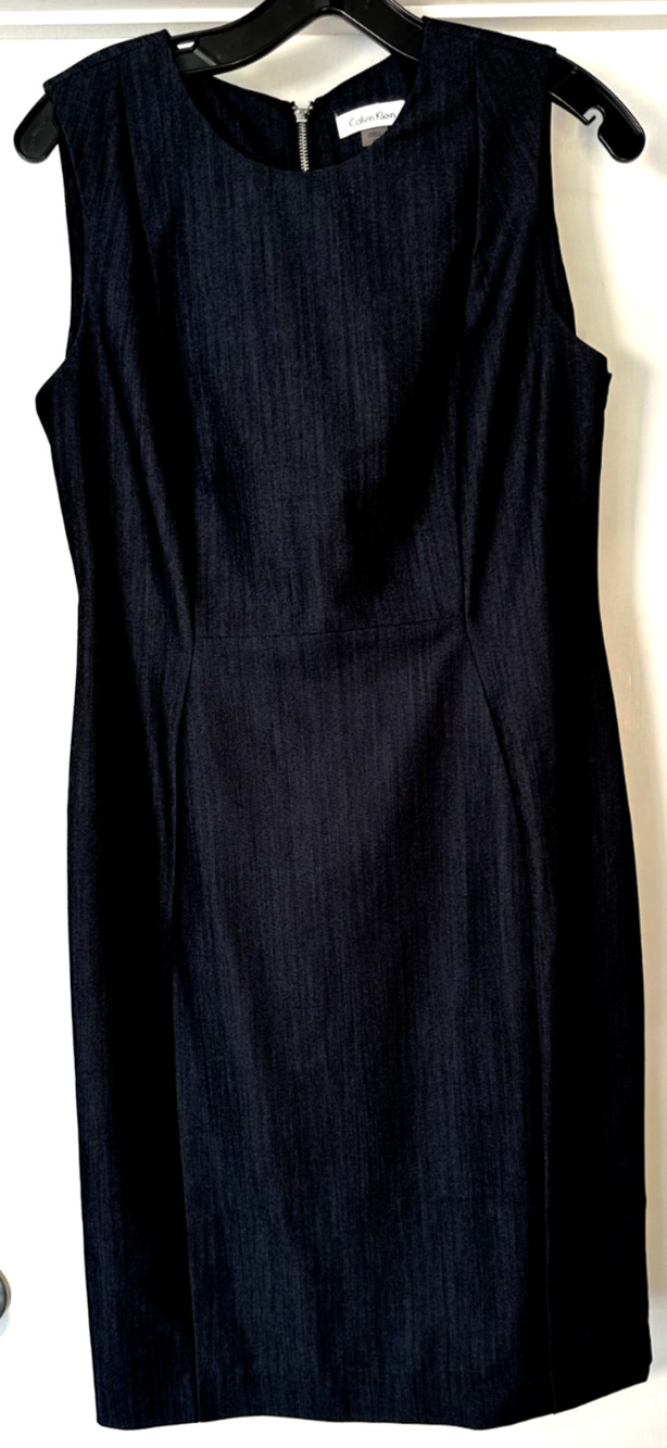Calvin Klein Dark Denim Chambray Sleeveless Sheath Dress Business Womens Size 10